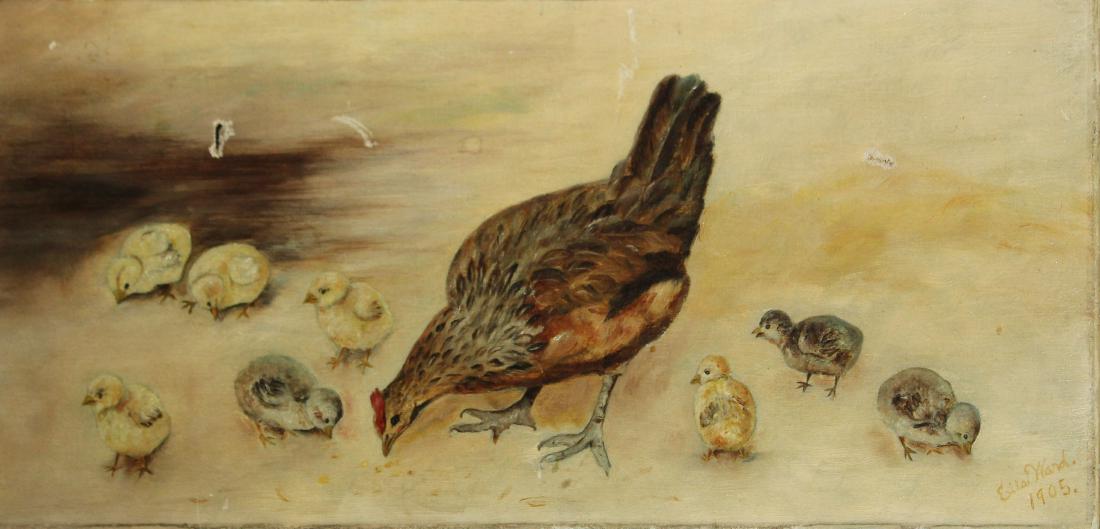 Ella Wand (AM 19th/20th) Chickens: Ella Wand (American 19th/20thc) Chickens oil on canvas dated 1905, signed lower right 8 x 18" two punctures and minor paintloss, unframed