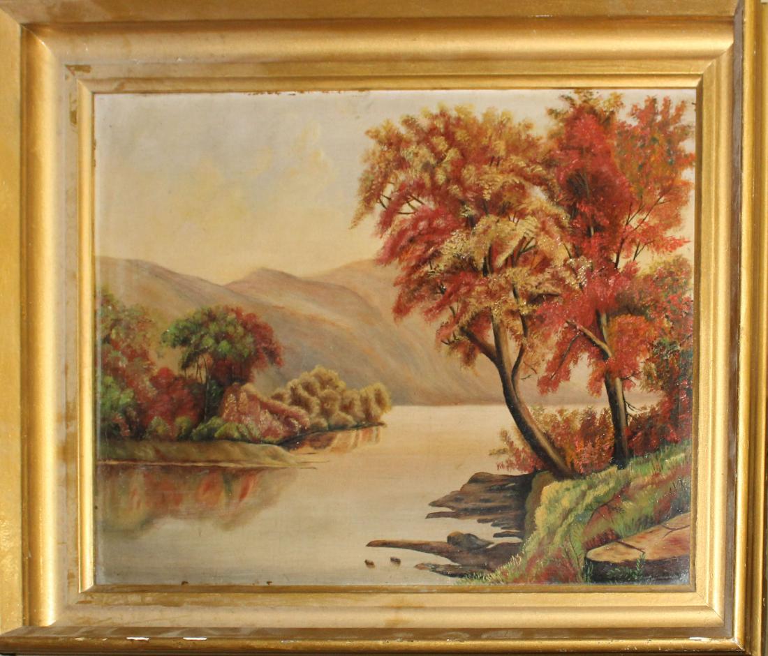 19th c Hudson River School oil on canvas of river: 19th c Hudson River School oil on canvas of river in autumn 12 x 16"