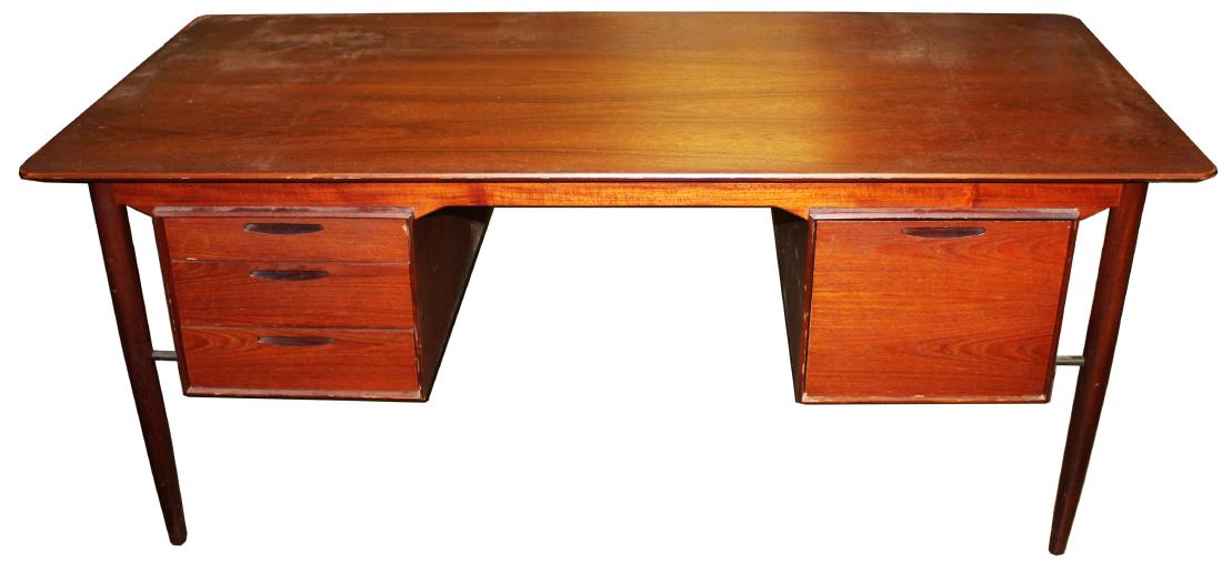 Arne Vodder style Danish Modern desk: Danish Modern walnut and maple knee hole desk with tapered legs, floating top, file drawer and three smaller drawers. Very good condition. Unmarked - similar style as Mid-Century executive desks desig