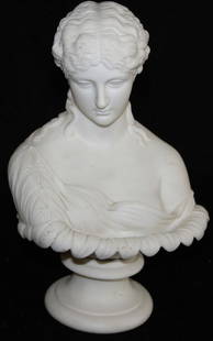 Bennington Parian bisque porcelain bust: ca. 1850 Bennington Parian bisque porcelain classical female bust 10" x 6" -see illustration on page 259 of Bennington Pottery and Porcelain by Richard Carter Barret for identification