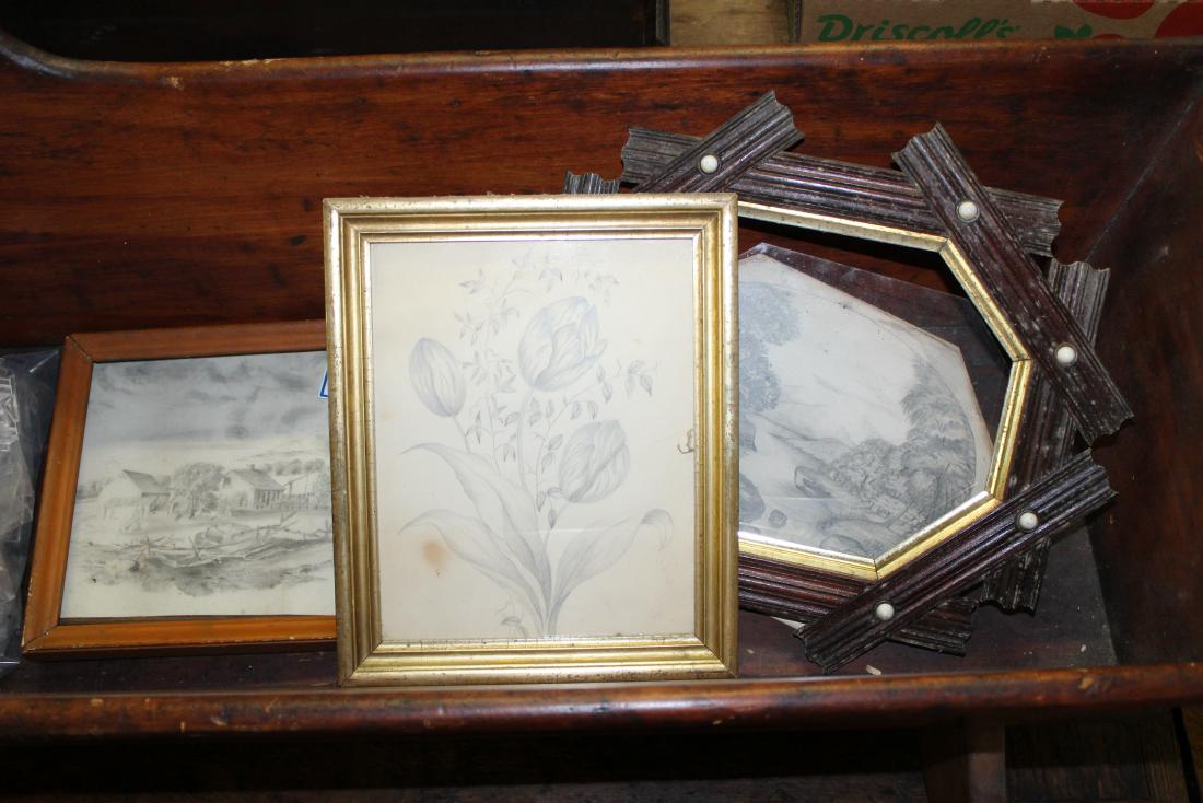 three mid 19th c pencil sketches: three mid 19th c pencil sketches, each about 8" x 10", includes one lemon gilt frame