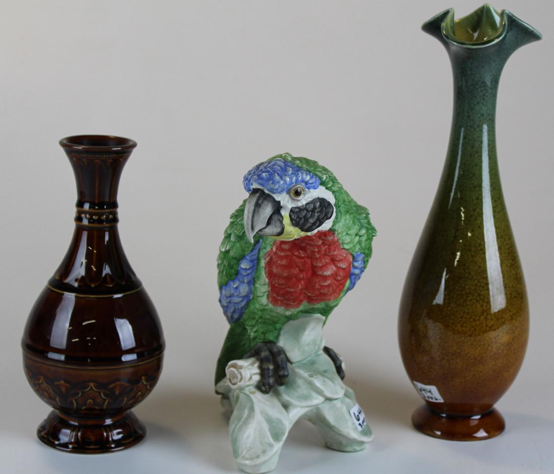 2 European art pottery vases, Goebel parrot