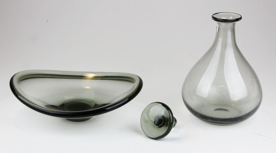 Holmegaard smoke glass dish and decanter: mid-century Danish Holmegaard smoke glass dish and unsigned Blenko style smoke glass decanter 11" x 6", 3.5" x 11" x 9.5"