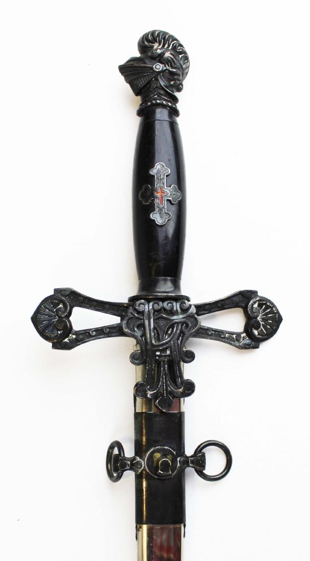 early 20th c Knights Templar dress sword: early 20th c Knights Templar fraternal dress sword by James Luker, 133 Grand St, NY, engraved blade owned by C Larabee, blade length 27 3/4", overall length 35", sold with scabbard