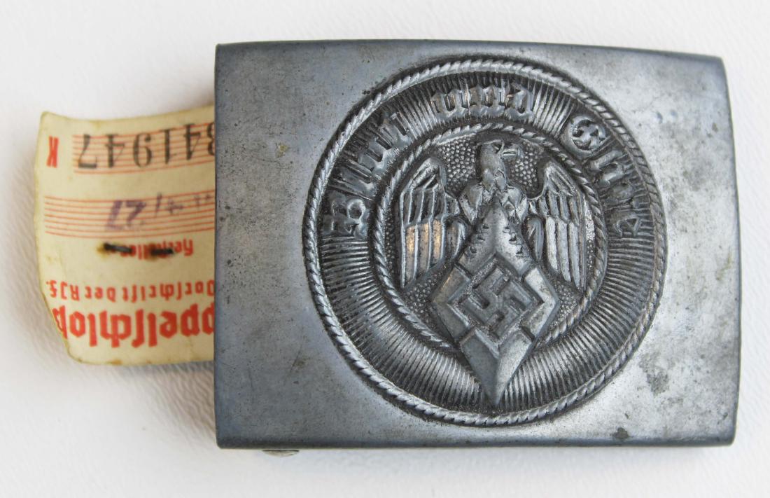 unissued WWII German Hitler Youth belt buckle: unissued WWII German Third Reich Nazi Hitler Youth belt buckle with original RZM tag attached, cast alloy, length 2 1/2"