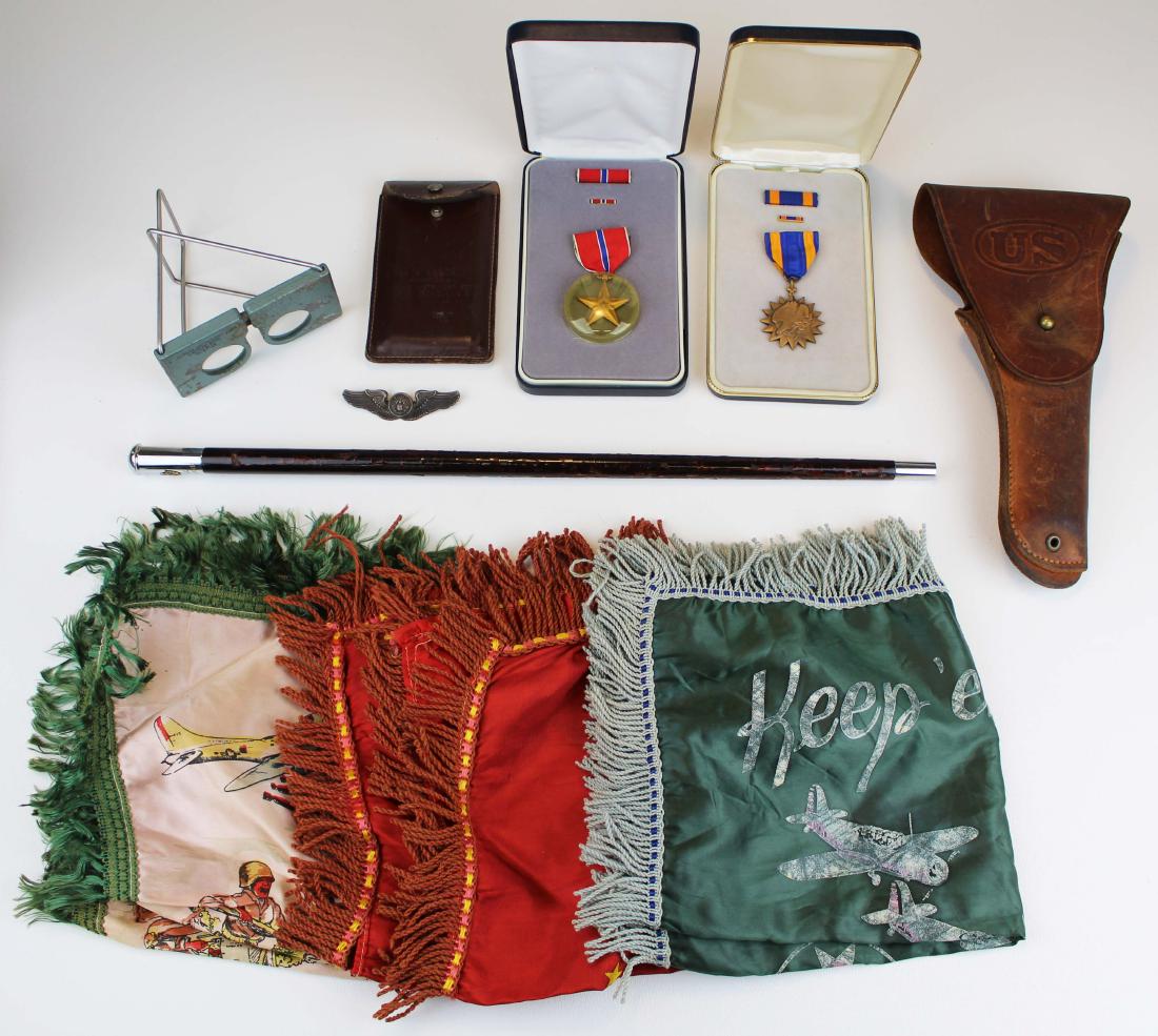 US Army Air Force wings, Bronze Star, map reader: US Army Air Force wings, Bronze Star, Air Medal, Army holster, stereo map reader, silk souvenir scarves, medal cases, US Army Air Force wings