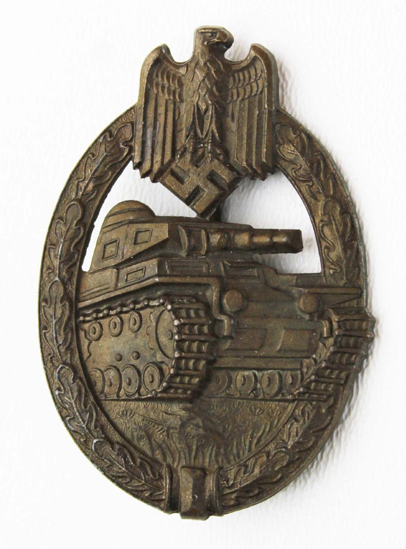 WWII German Panzer assault badge: WWII German Nazi Third Reich Panzer assault badge, bronze, marked DH on reverse, 2 1/4" x 1 1/2"