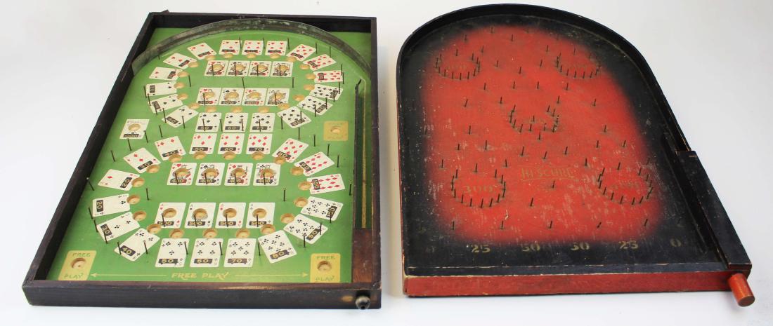 2 1930's table top pin ball bagatelle games: 2 1930's table top pin ball bagatelle games including Lindstrom poker pin ball game and Hi-Score black and red pin ball game 23.5" x 15" 24" x 15"