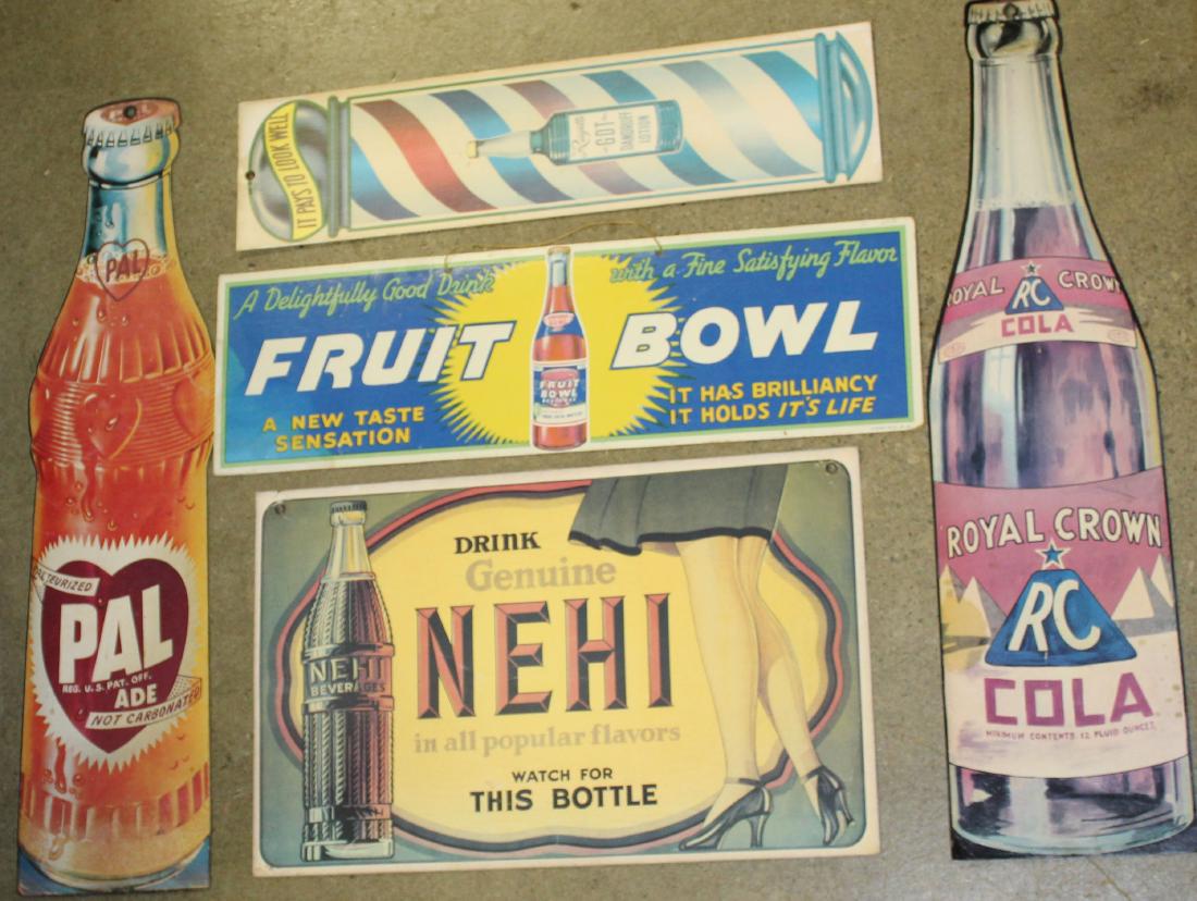 Five 20th c Cardboard Advertising Cards: Five 20th c Chromolithograph advertising cards; Rayette GDT Dandruff Lotion 18 x 5", PAL Ade 6 x 24", Royal Crown RC Cola 6 x 24", Fruit Bowl Beverage 6 x 20", Nehi Beverages 11 x 17"