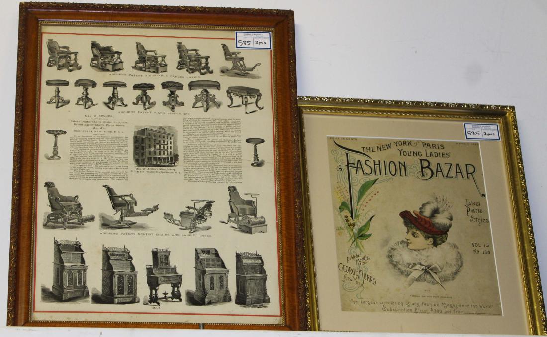 framed fashion cover and furniture broadside: framed 1892 "Fashion Bazaar" fashion magazine cover with illustration of woman in plumed hat, and 19th c. Geo. Archer NYC furniture broadside illustrating patent barber's chairs, piano stools and desk