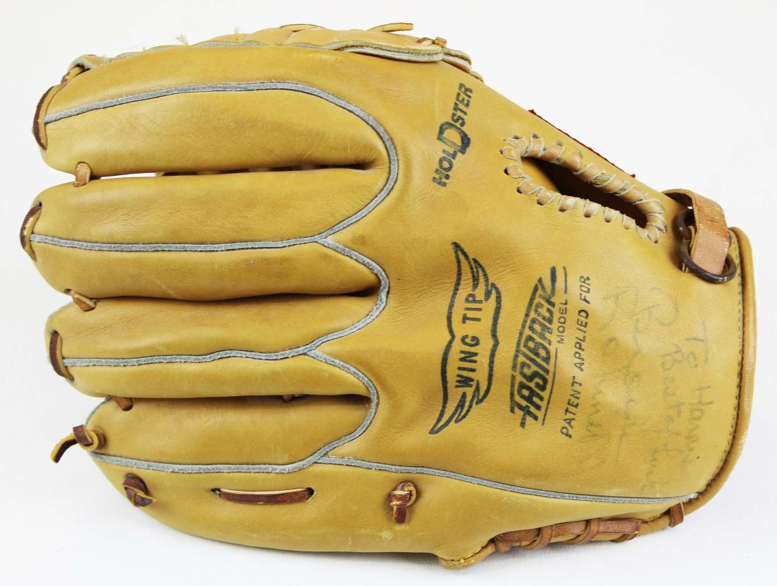 Signed Brooks Robinson game used glove: A signed Brooks Robinson game used glove. A Rawlings right hand wing tip Fastback model Brooks Robinson autograph with an original signature "To Harry Best of Luck Brooks Robinson". With a copy of a l