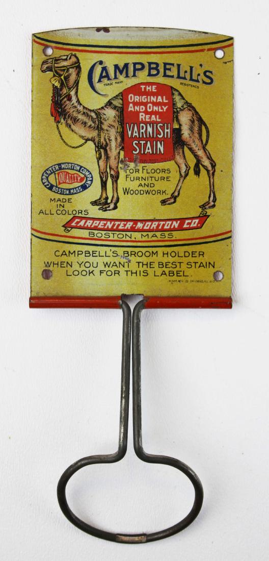 Campbell's tin litho broom holder: Campbell's tin litho broom holder, Carpenter-Morton Co, Boston Massachusetts, distinctive camel logo, 3 1/2" x 2 1/2"