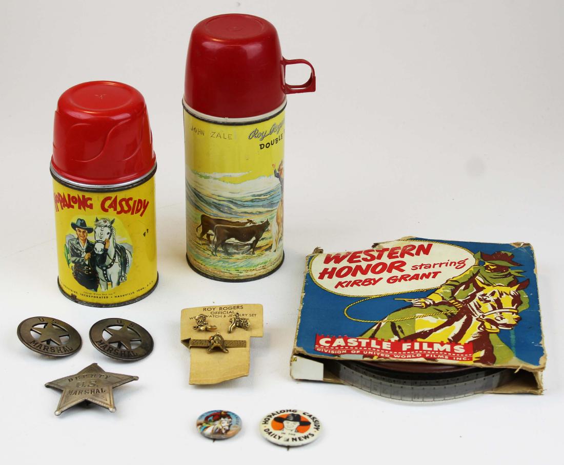 Hopalong Cassidy, Roy Rogers, Western: Castle Films Kirby Grant Western Honor 16mm reel, Hopalong Cassidy, Roy Rogers thermos's, MGM Studios US Marshal, Deputy Marshall, Hopalong Cassidy in the News pinback, Roy Rogers jewelry set