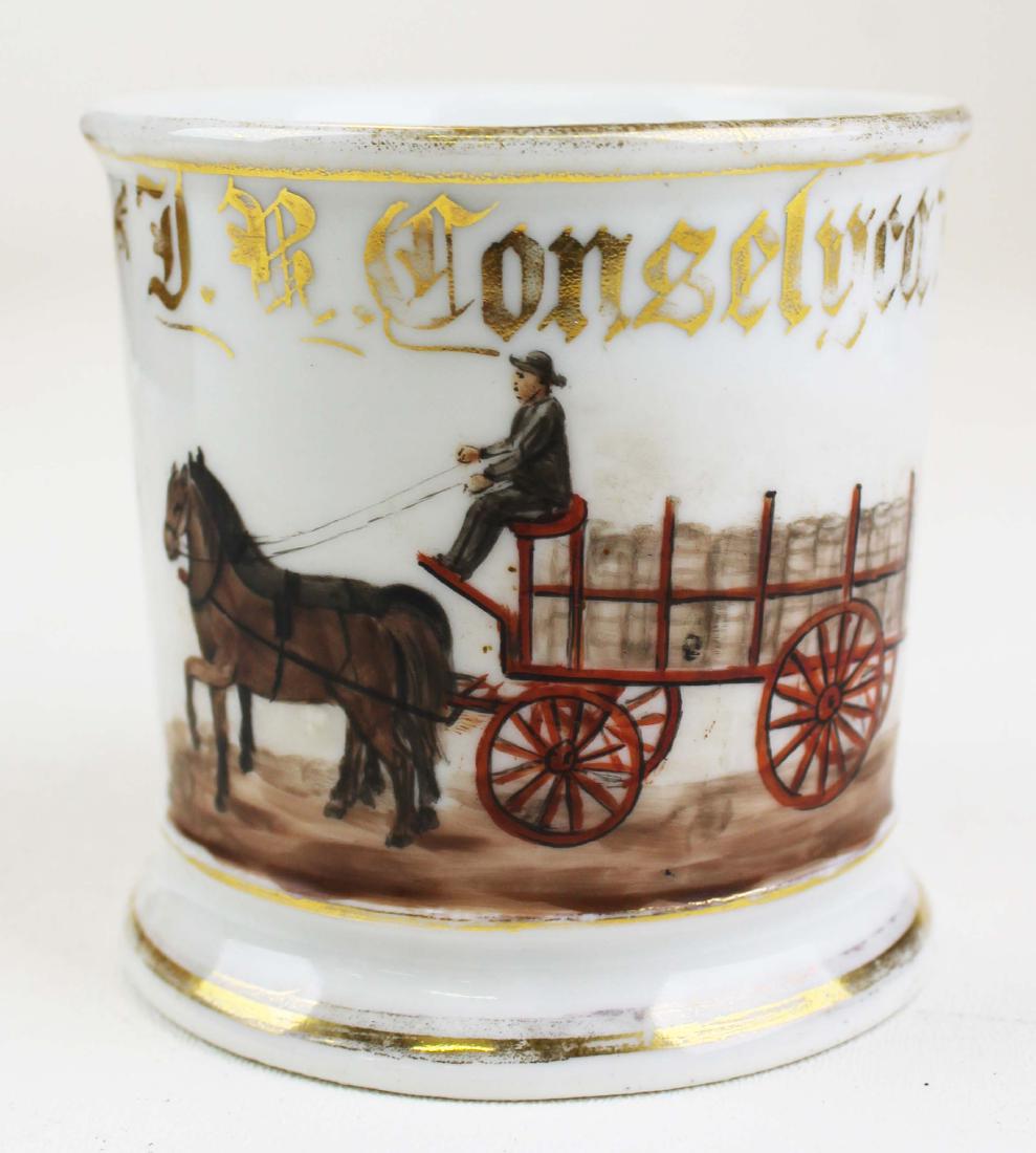 19th c Teamster Occupational mug: 19th c Teamster Occupational shaving mug with Painted panel owner's name JB Conselyea in gilt lettering