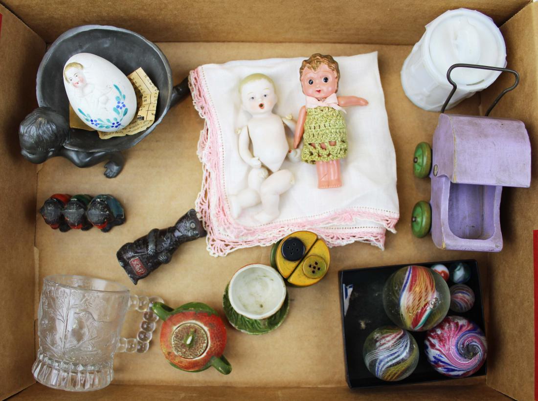 lot of small children's accessories incl. marbles: lot of small children's accessories including 3 spiral and onion skin shooter marbles (as is-chips, nicks), other marbles, pewter figural baby master salt, pattern glass youth mug with bird and dog, c