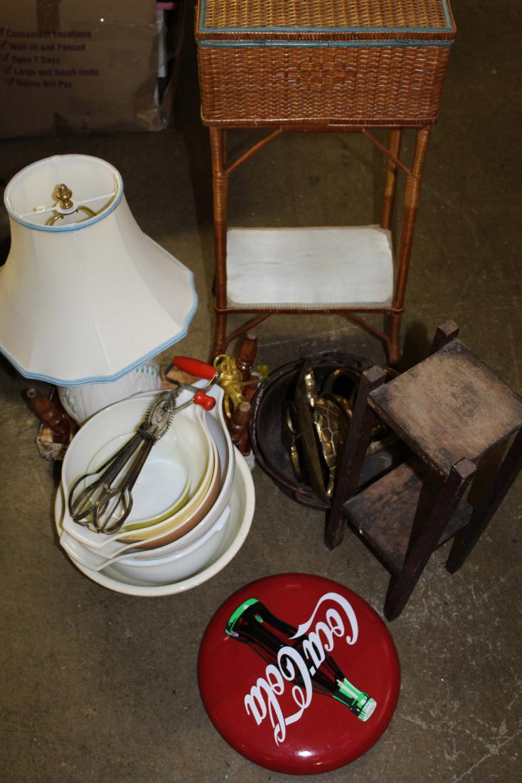 lot including Belleek lamp, Griswold cast iron: miscellaneous estate lot including Belleek lily of the valley Irish porcelain table lamp, Griswold cast iron Dutch oven, Pyrex mixing owls, banded stoneware mixing bowl, refinished Windsor cricket sto