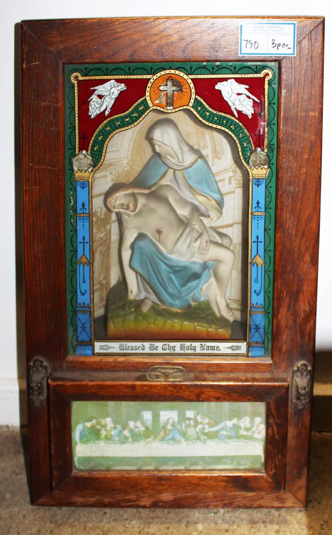 3 Victorian framed Catholic religious dioramas: 3 Victorian framed religious dioramas including French Canadian plaster Pieta calvary scene with mica fleck background in black walnut frame, and 2 Holy Viaticum Catholic last rites sick call kit shri