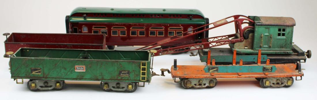 American Flyer, Lionel Standard Gauge cars: five pre-war American Flyer, Lionel Standard Gauge cars & crane car- AF 1022, AF 4017, Lionel 219, Lake Shore coal car, Missouri & Kansas (restored, damaged)