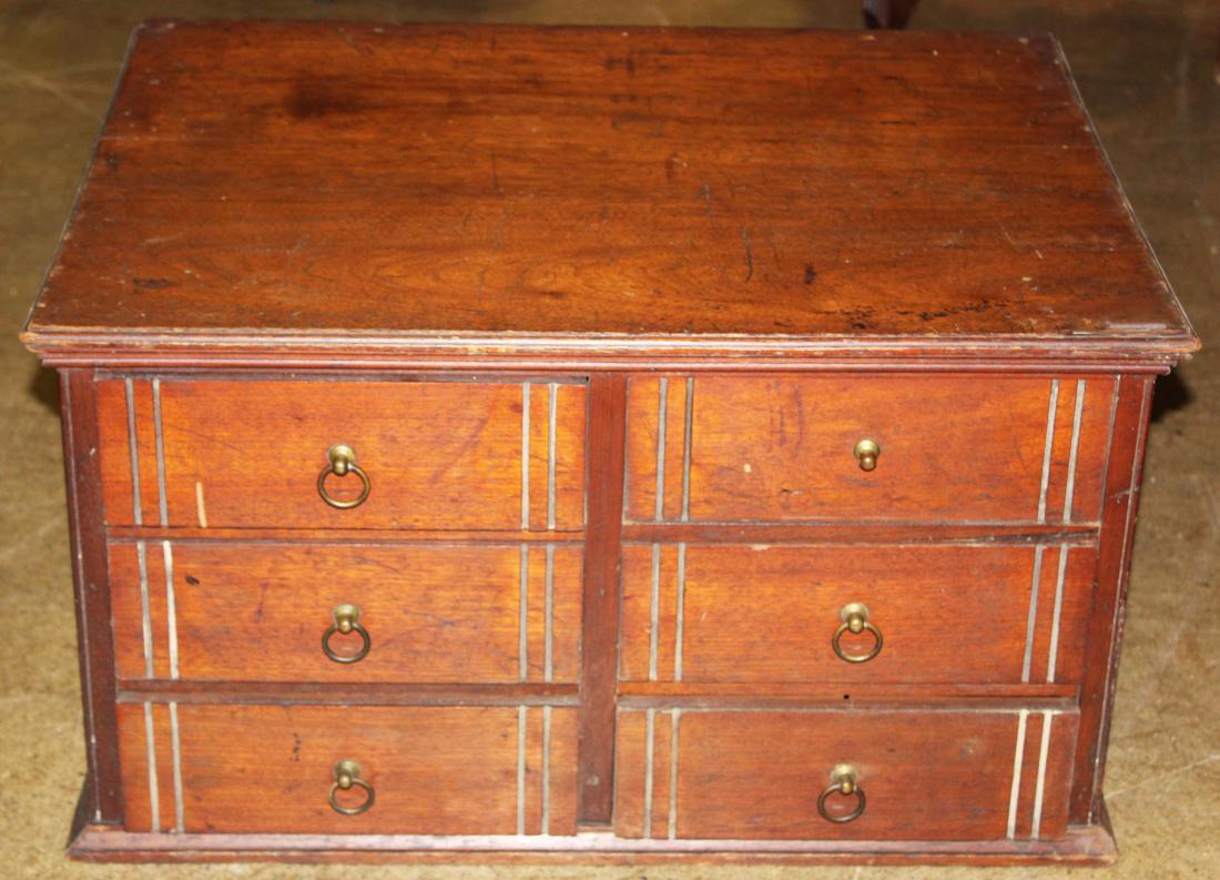 Victorian black walnut 6 drawer flat file cabinet: Victorian black walnut 6 drawer counter top index or flat file cabinet with incised decoration on drawers, paneled ends 14.5" x 26" x 19" -missing one brass ring pull