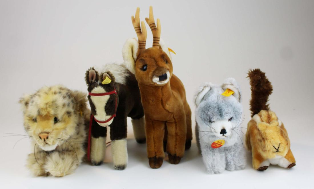 four Steiff plush toys most with original tags: four Steiff plush animals most with original tags- Molly 0371/22, Ferdy 3750/25 Made in Austria, Drolly 5795/22, whitetail deer 1838/30, lengths 9" to 15", sold with a Dakin chipmunk