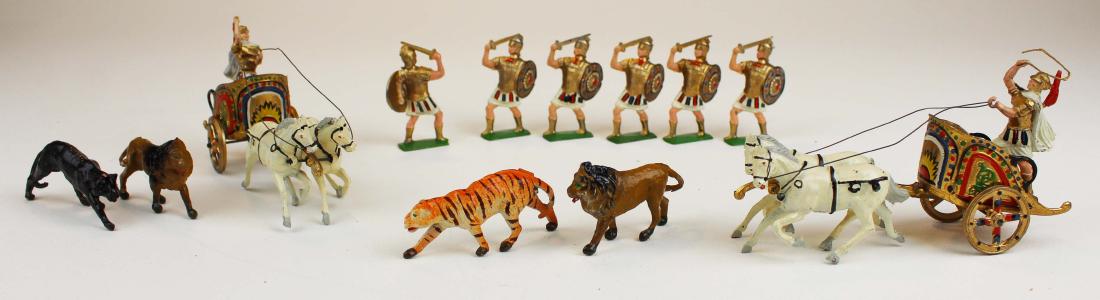 J. Hill Britain Gladiators, Chariots, Animals: J. Hill & Co. Britain Gladiators, Chariots, & Animals (12 pcs), hts/ lengths 2 1/2" to 6"