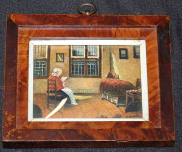 Dutch miniature interior after Pieter de Hooch: Dutch miniature interior after Pieter de Hooch, signed P Hooch, paper label on the reverse in German Die lessened Frau" (the woman reading), in 1920's mahogany frame, image size 2 1/2" x 3 1/4"