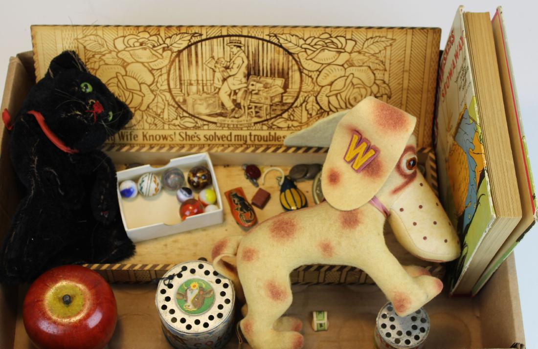 toys, marbles, puppet, noisemakers: toys, marbles including painted porcelain, magic swirl, Dot cast iron stove, Steiff cat puppet, noisemakers including Toddy advertising