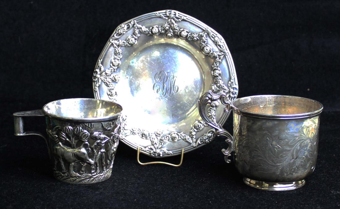 2 sterling silver mugs, small repousse dish (1 of 7)