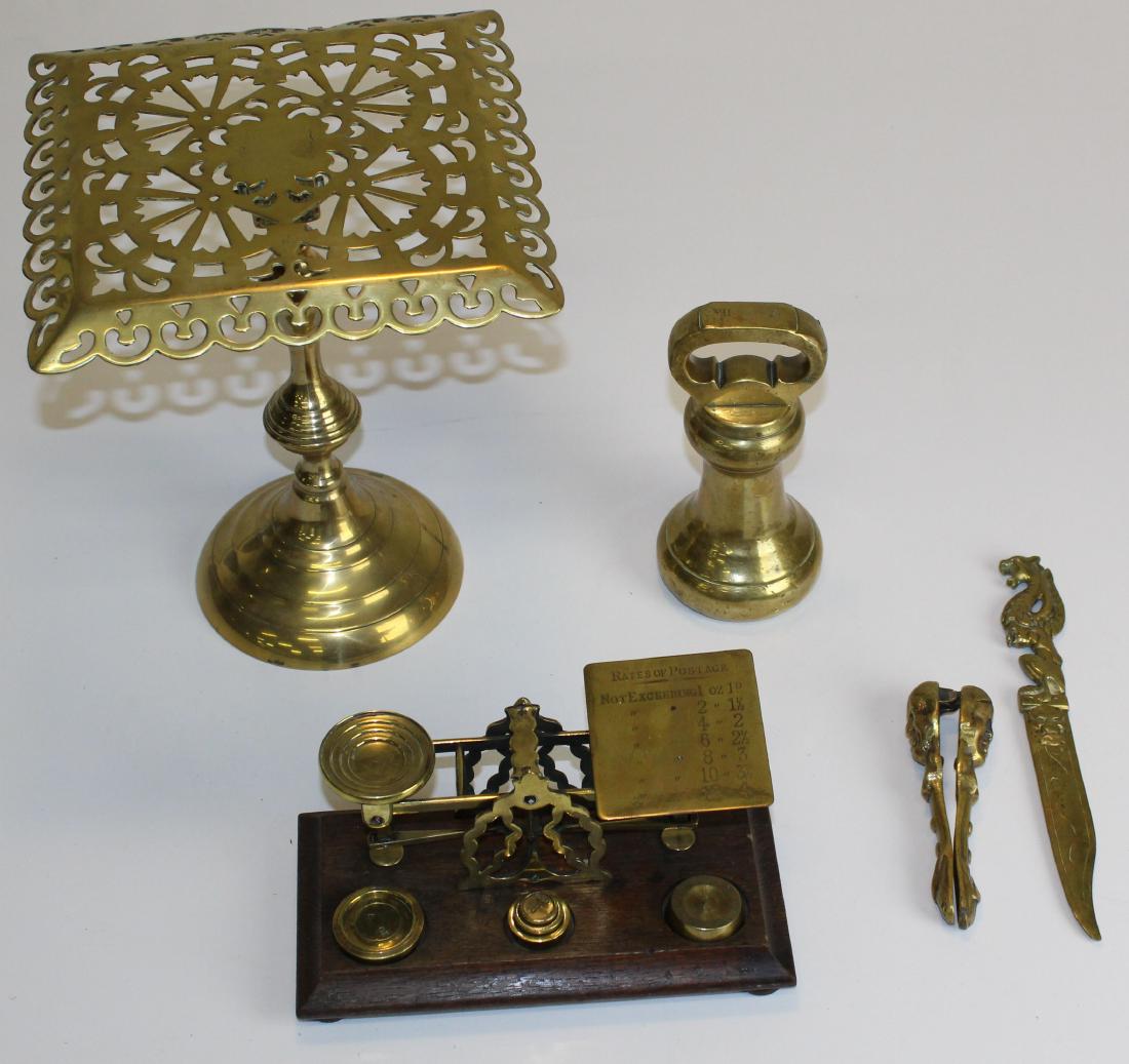 brass cake stand, postal scale, other brass: brass cake stand, postal scale, nutcracker, letter opener, scale weight