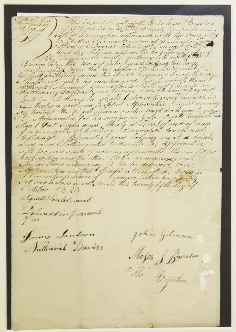 1823 Moses Boynton apprentice indenture: 1823 Moses S Boynton New Hampshire apprentice indenture to John Gilman, with the consent of his father Thomas Boynton of Washington, VT (Moses Boynton was an ancestor of Dr Edward Worthen of South Her