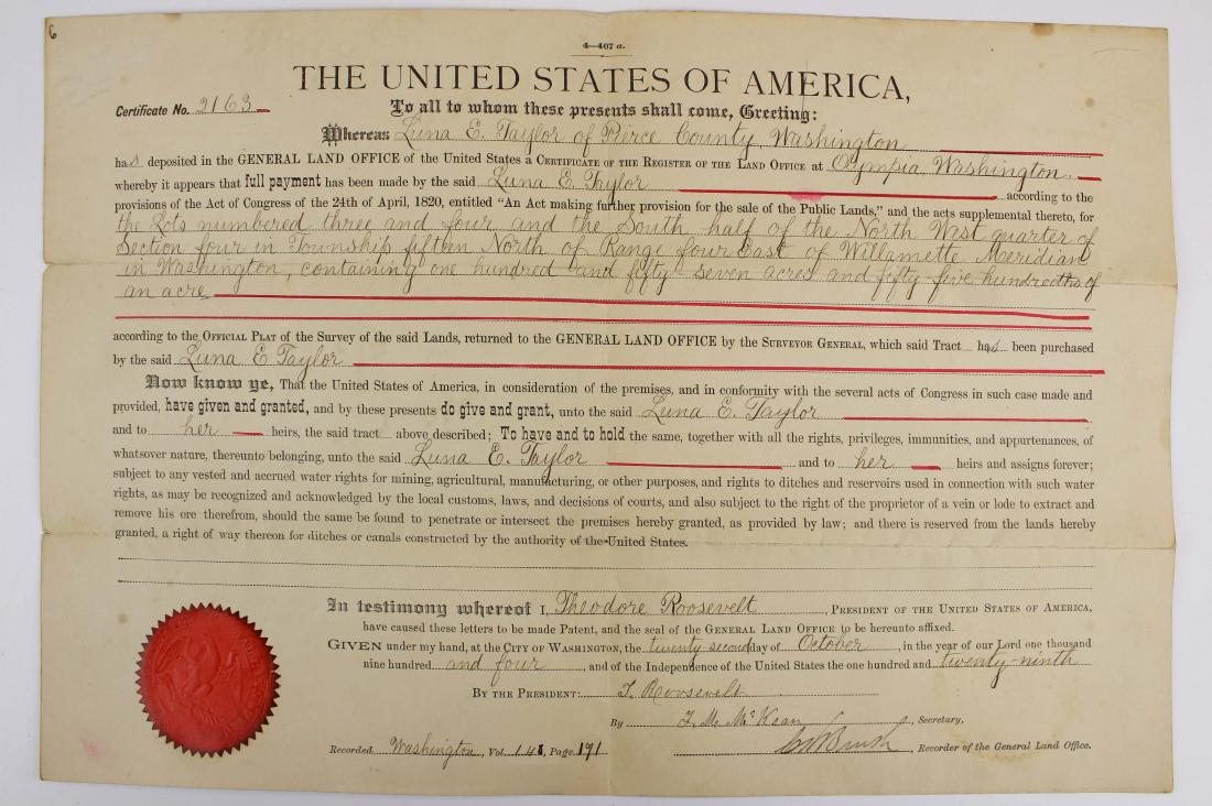 1904 Theodore Roosevelt US land grant (1 of 9)