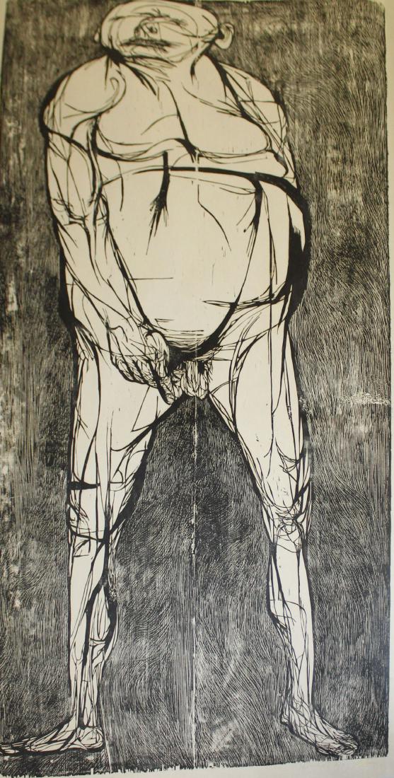 Leonard Baskin (AM 1922-2000): Leonard Baskin woodblock nude titled Haman Plate 47 x 23" Sheet 61 x 41"