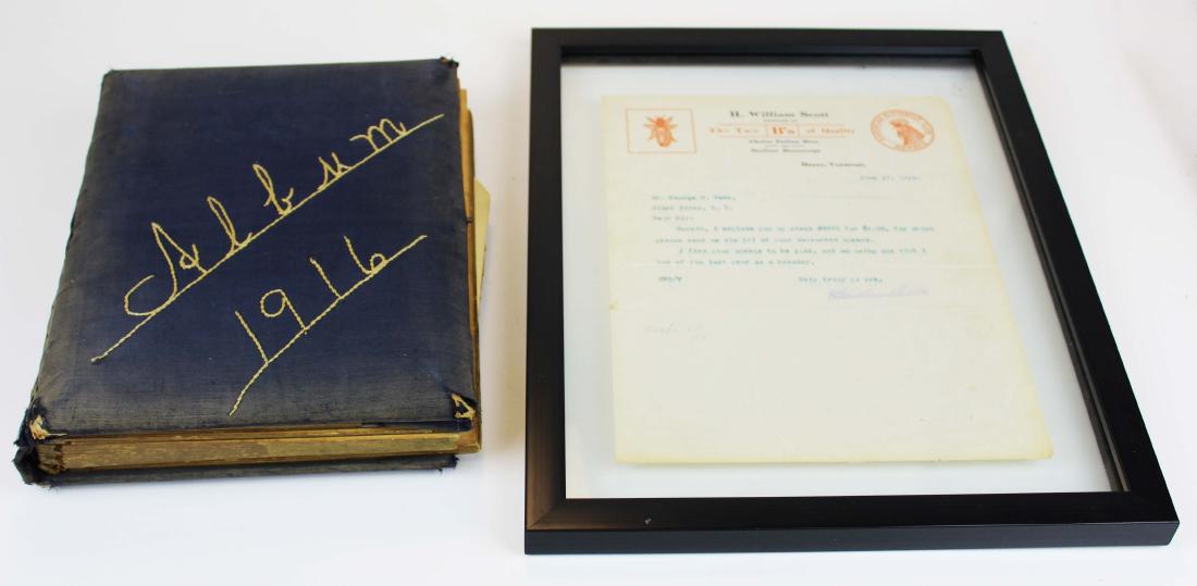 Victorian photo album and Barre, VT letterhead: Victorian cabinet photo album with some tin types and framed unusual H. William Scott Barre, VT "Choice Italian Bees and Sicilian Buttercups" letterhead