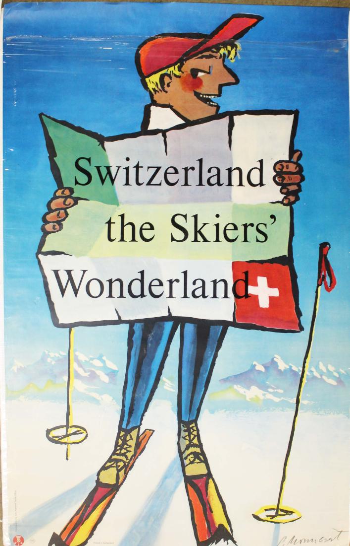 vintage Swiss P Monnerat ski poster: vintage ca 1960's Swiss Pierre Monnerat (b 1917) ski poster, Switzerland the Skiers' Wonderland, tiny tear along top edge, 25 3/4" x 40"
