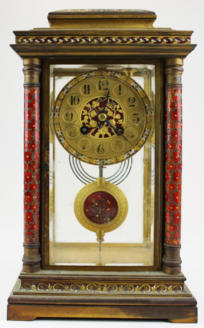 French champlevÃ© enamel clock: ca 1900 French champlevÃ© enamel decorated crystal regulator clock, works marked Made in France, medaille du honnuer, ht 13 1/2"