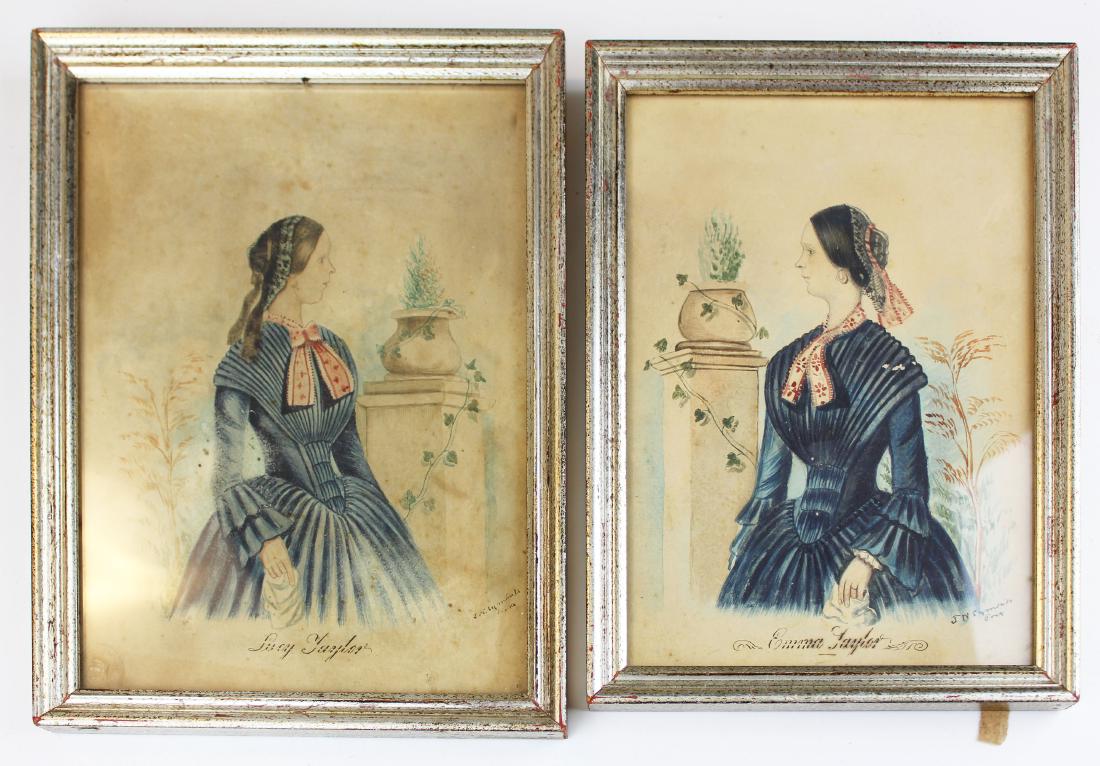 early 19th c watercolor portraits of sisters: pr of early 19th c watercolor portraits of sisters Emma & Lucy Taylor, signed J N Symonds pinxt, 9" x 6 3/4"