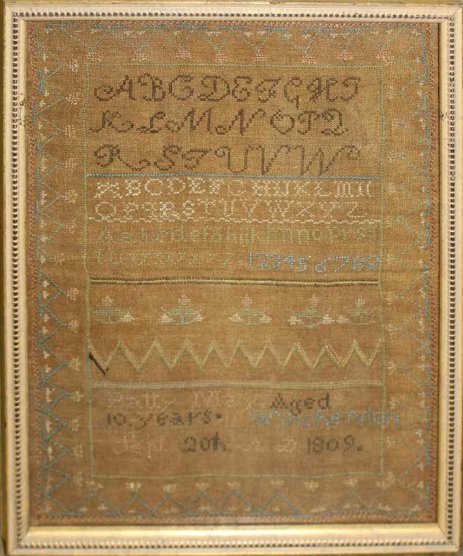 1809 Patty May, Winchendon, MA sampler: 1809 Patty May needlework sampler aged 10 years, Winchendon, Massachusetts, 13 1/2" x 10 1/2"