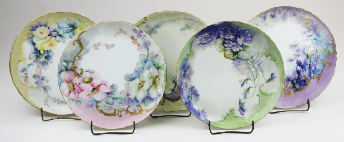 5 Jean Pouyat Limoges hand painted cabinet plates: group of 5 late 19th/early 20th c. Jean Pouyat Limoges cabinet plates, each hand painted with a different floral theme, with gilt raised enamel rococo accents 7.5" dia.