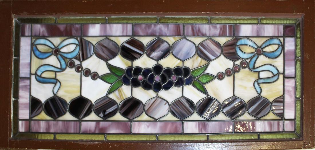early 20th c leaded stained glass window: early 20th c Art Nouveau leaded stained glass window, 19 1/2" x 44"