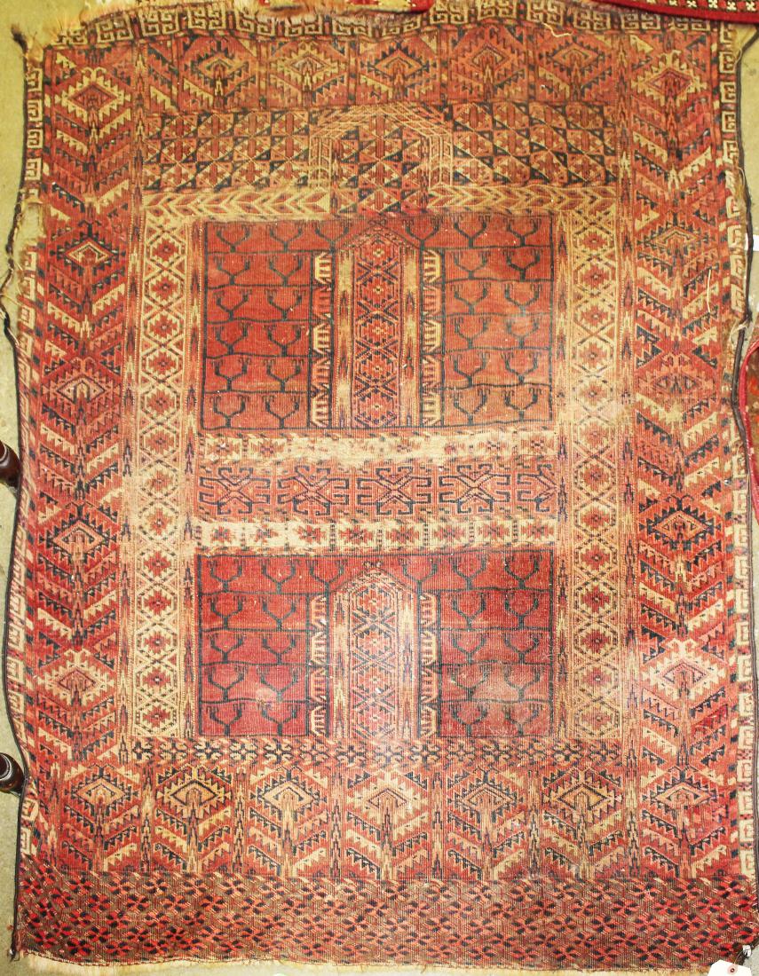 early 20th c Tekke hatchlou prayer rug: early 20th c Tekke hatchlou design prayer rug, uneven wear, some losses, 3' 7" x 4' 11"
