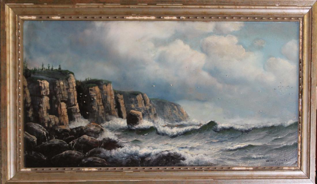 Antonio Jacobsen (Am 1850-1921) Sea Shore: Antonio Jacobsen (American 1850-1921) Gathering Storm signed lower right dated 1908 11 x 22" oil on board