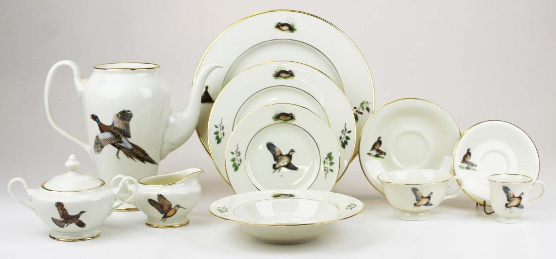 97 pcs. Delano Studios game bird china dinnerware: 97 pcs. Delano Studios game bird decorated porcelain dinnerware, purchased from the estate of Holly Webb Froud, descending in the family of Electra Havemeyer Webb, believed to be originally from the W