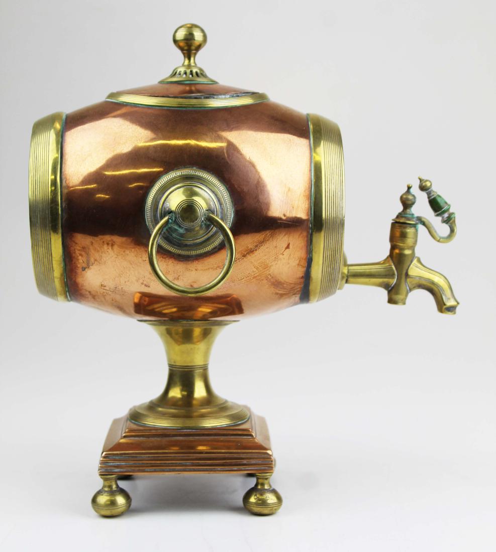 19th c English brass & copper dispenser: 19th c English brass & copper dispenser with English silver plaque, ht 11"