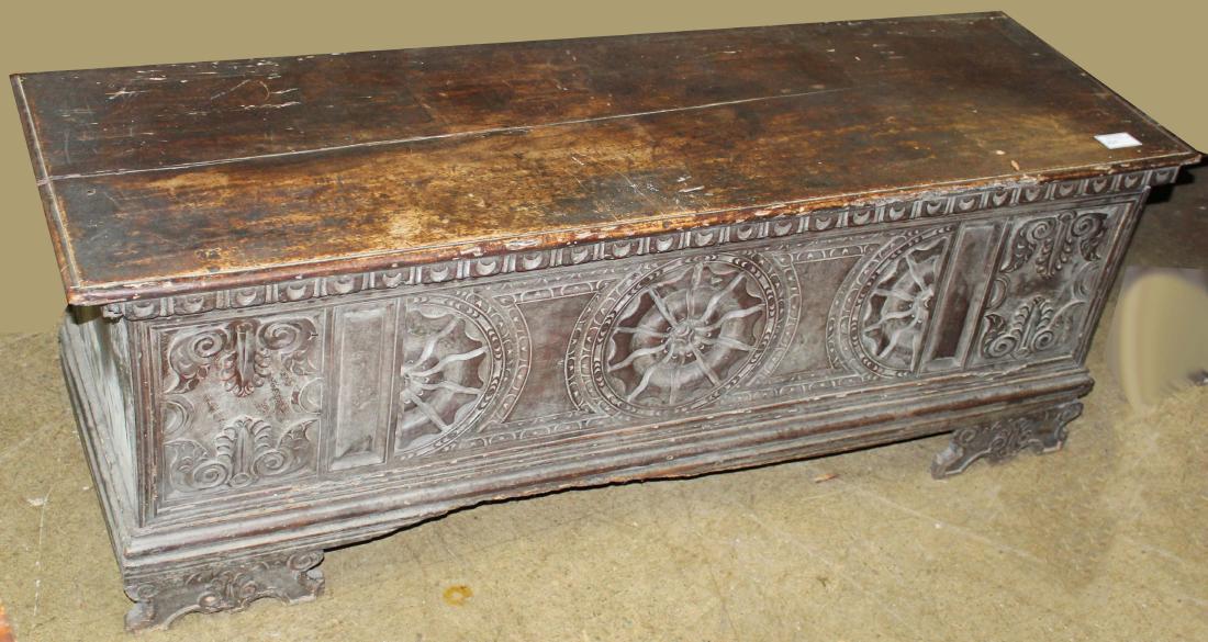 17th or 18th c carved cassone: 17th-18th c carved panel Continental coffer or cassone in walnut 66"w x 23"h