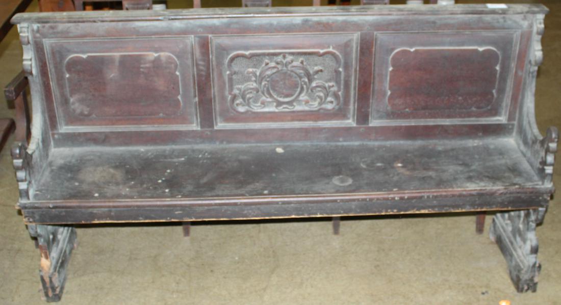 18th c English carved walnut bench: 18th c English or Continental carved panel walnut church pew or meeting house bench. 68"w x 36"h