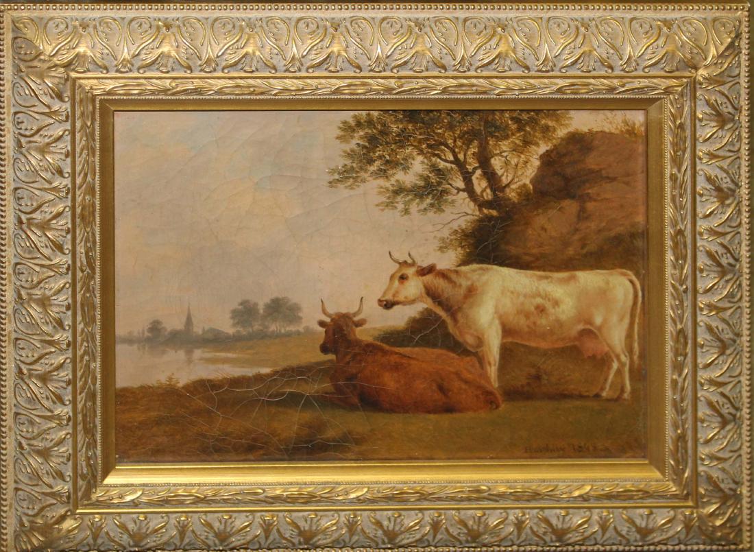 Thomas Hinkley (AM 19th c ): Thomas Hinkley (American 19th c) Pastoral scene with cattle signed lower right Hinkley 1848 9x 12" with O Stearns Boston stencil