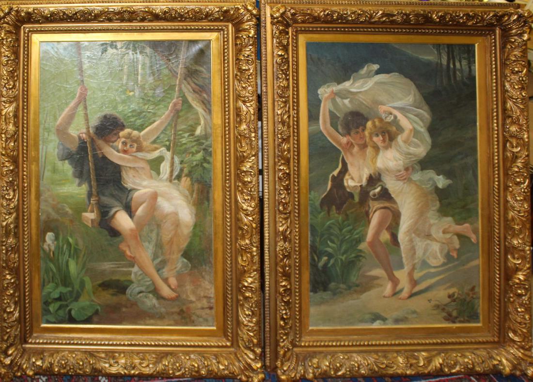 Pair of 19th c paintings after Pierre Auguste Cot: Pair of 19th c oil on canvas paintings signed R Winslow 95' after Pierre August Cot (French 1837-1883) Springtime and The Storm framed alike in later frames. 36 x 21"