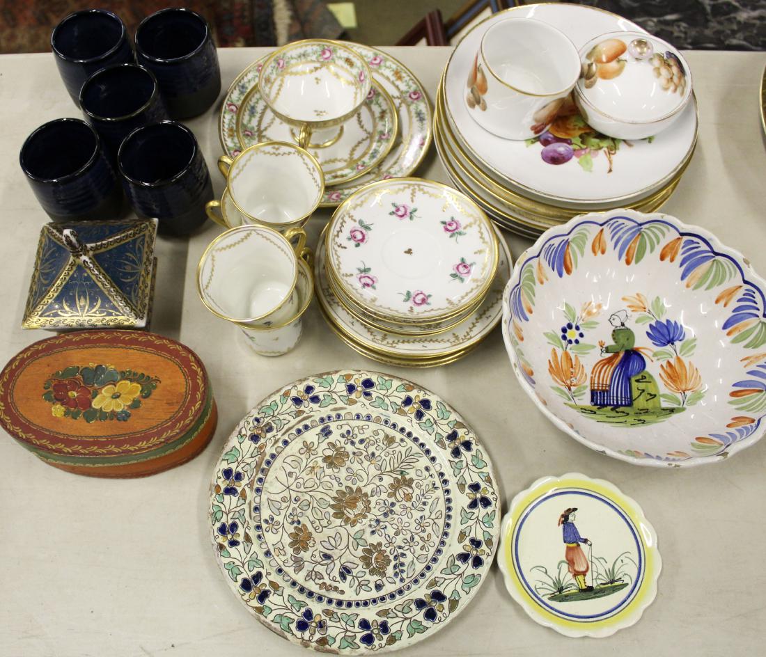 Mixed lot of ceramics: A mixed lot of ceramics including Quimper bowl and cup plate, 18th c French floral enamel decorated plate, fruit decorated plates, Limoges.
