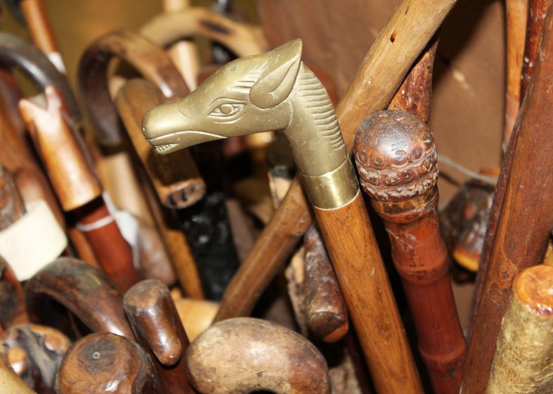 55 various canes or walking sticks: A collection of 55 various vintage canes or walking sticks.