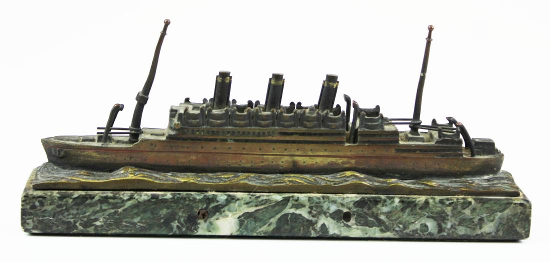 Gilt bronze ship on marble.: Bronze gilt trans Atlantic steam ship on a green marble base. 8 1/2" long.